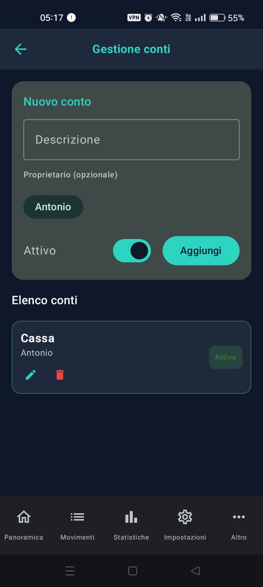 Schermata di aggiungi conto