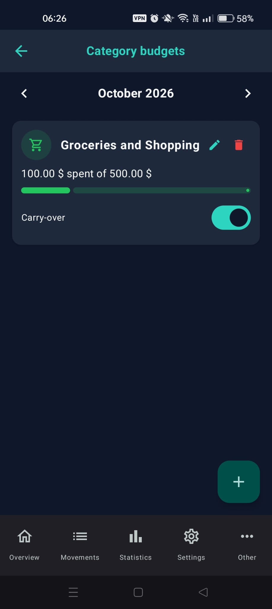 "Category budgets" with at least one budget, the progress bar and "Carry-over"