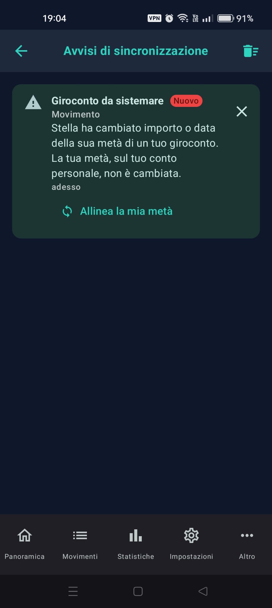 «Avvisi di sincronizzazione» con un avviso «Giroconto da sistemare» e il pulsante «Allinea la mia metà»