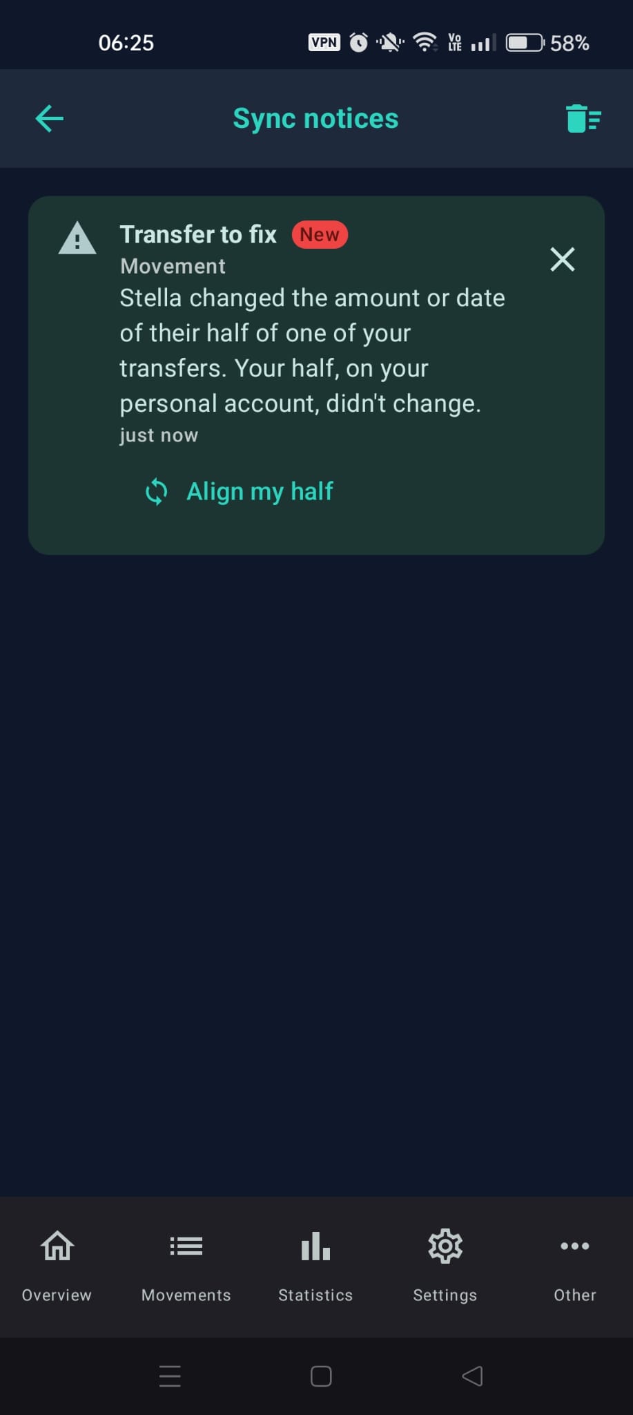 "Sync notices" with a "Transfer to fix" notice and the "Align my half" button