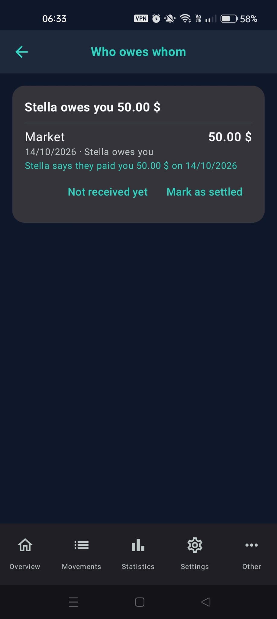 "Stella says they paid you" with the two answers "Not received yet" and "Mark as settled"