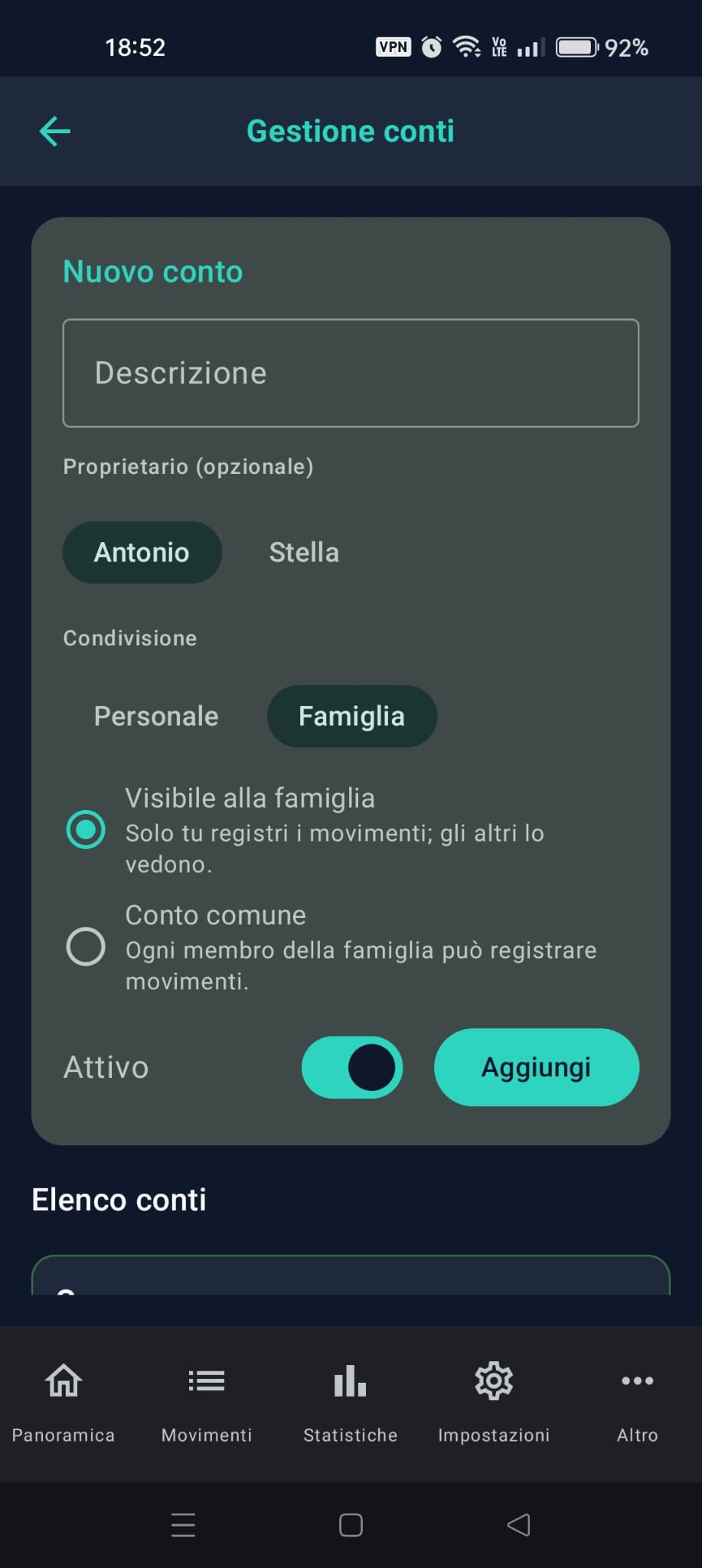 Gestione conti: il modulo del conto con «Condivisione» su «Famiglia» e le due scelte «Visibile alla famiglia» e «Conto comune»