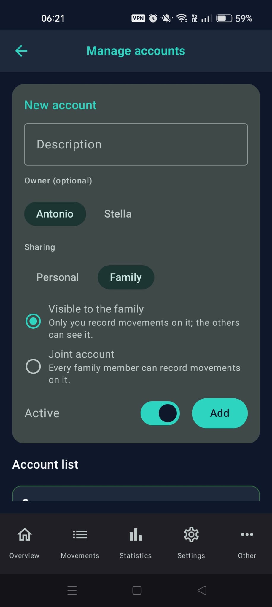 Manage accounts: the account form with "Sharing" set to "Family" and the two choices "Visible to the family" and "Joint account"