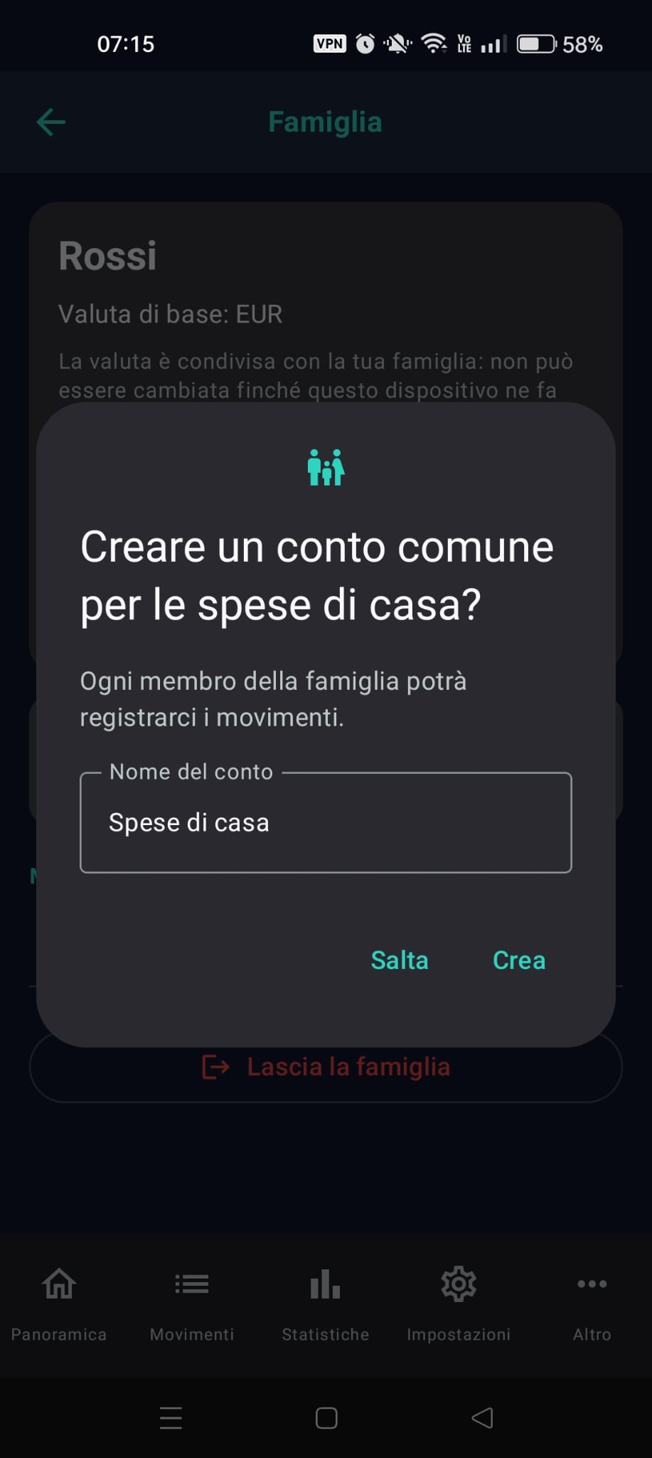 La finestra «Creare un conto comune per le spese di casa?»