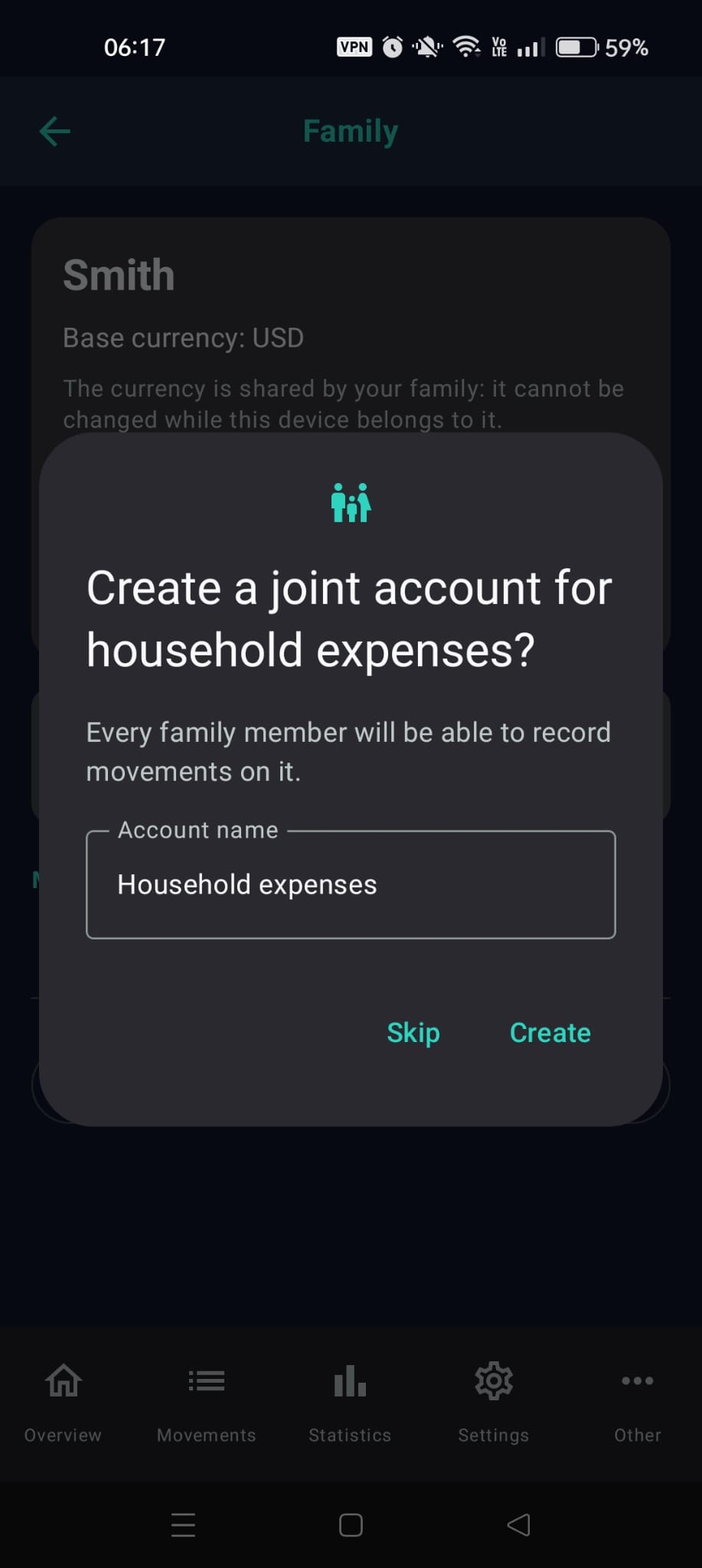 The "Create a joint account for household expenses?" dialog