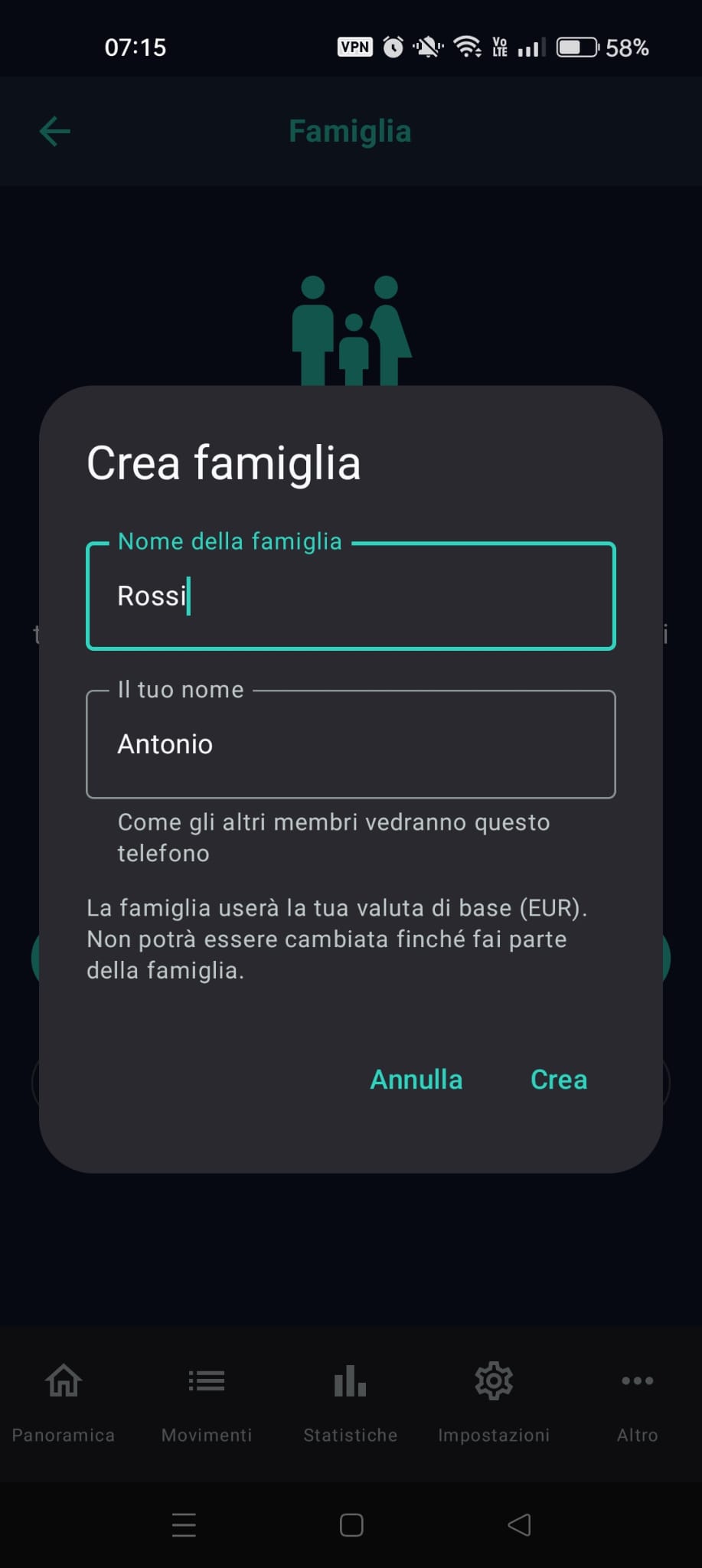 La finestra «Crea famiglia» compilata