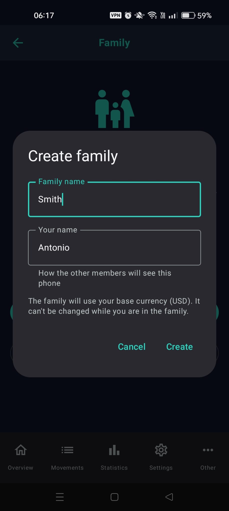 The "Create family" dialog filled in