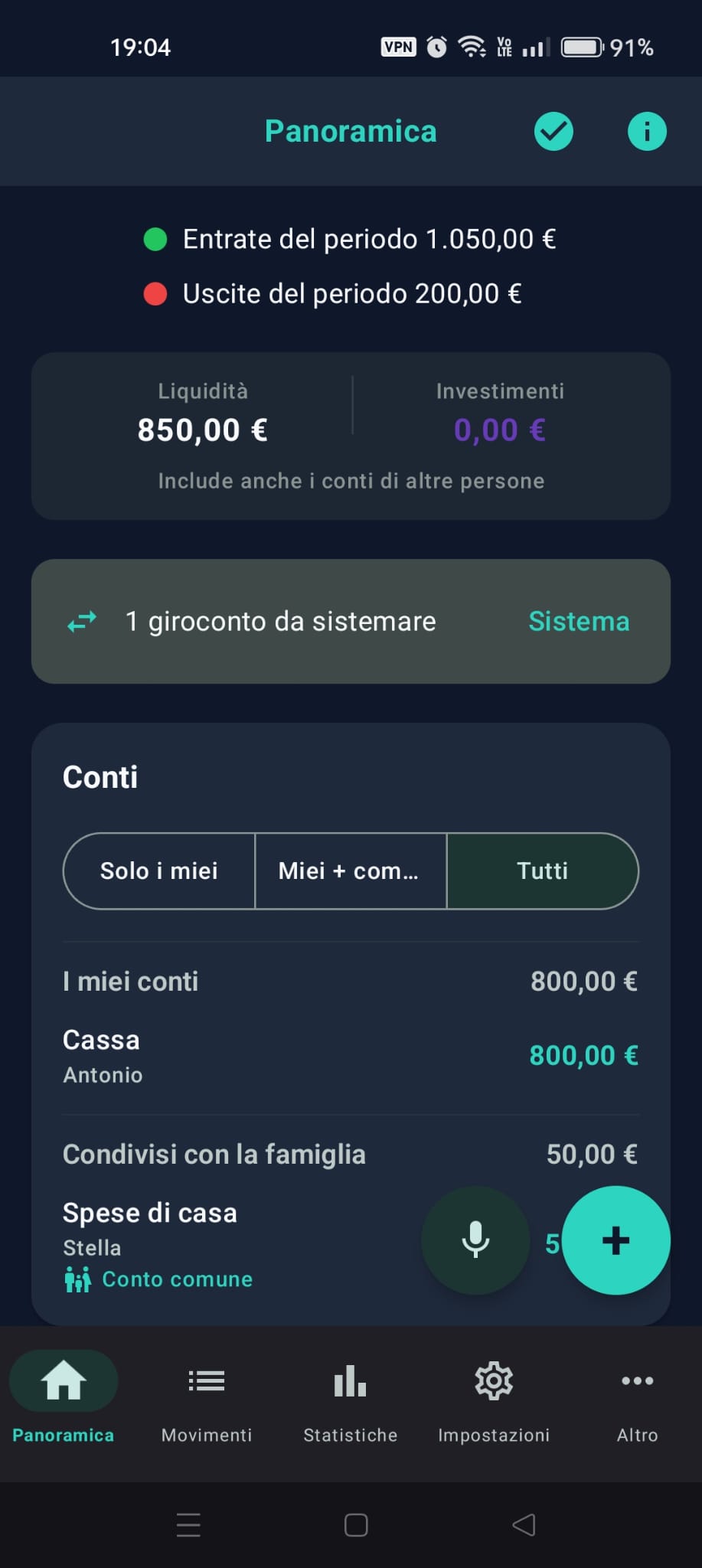 Panoramica con «1 giroconto da sistemare» e «Sistema»