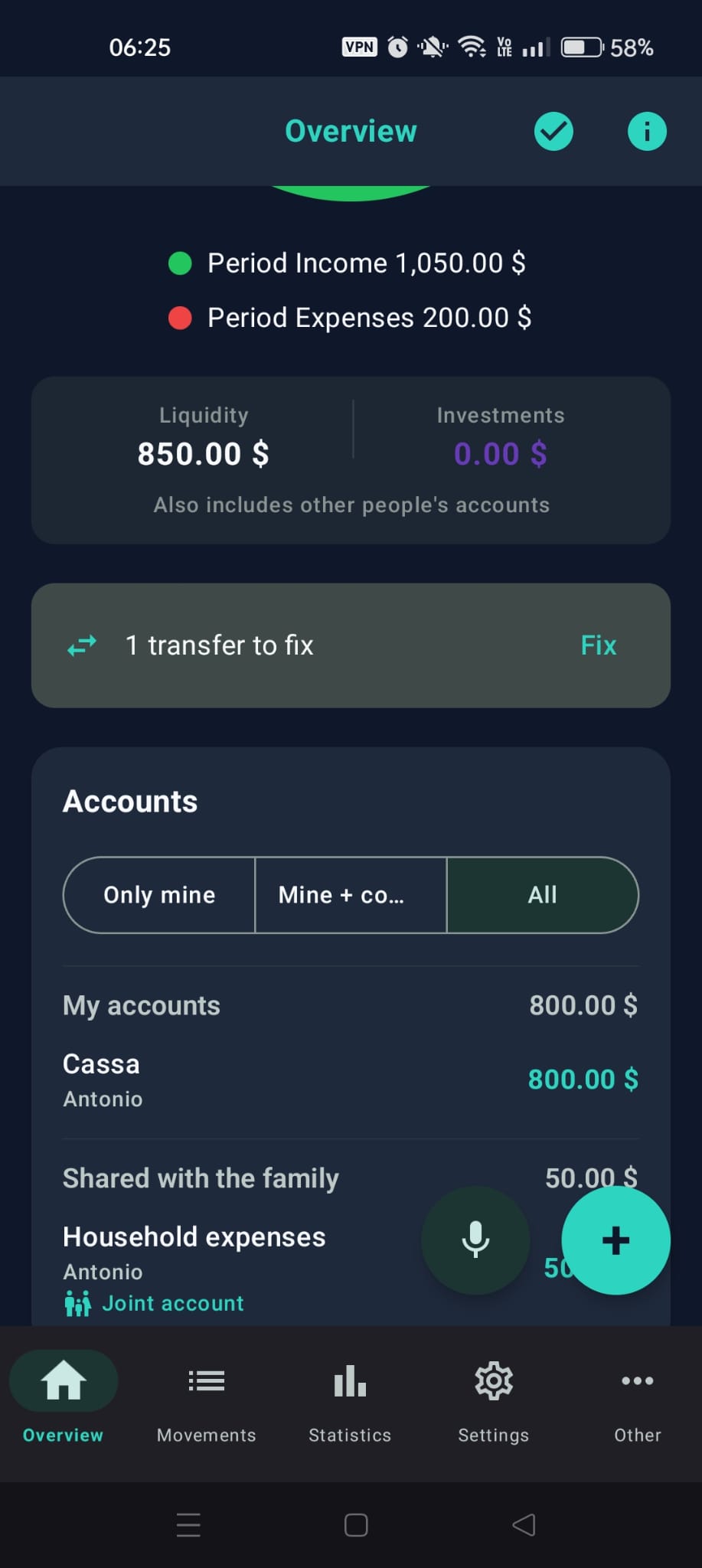 Overview with "1 transfer to fix" and "Fix"