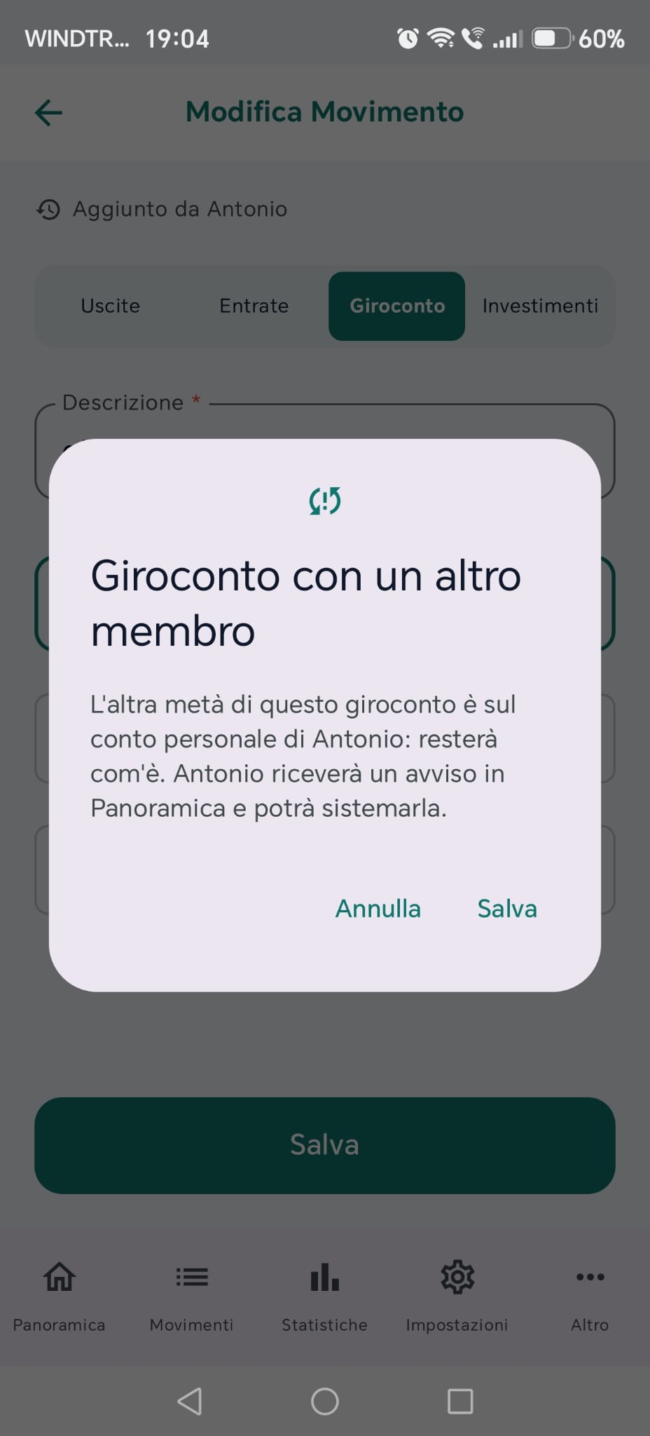La finestra «Giroconto con un altro membro» che vede chi modifica la metà sul conto comune