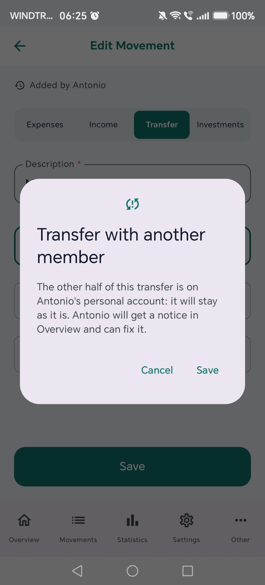 The "Transfer with another member" dialog seen by whoever edits the half on the joint account