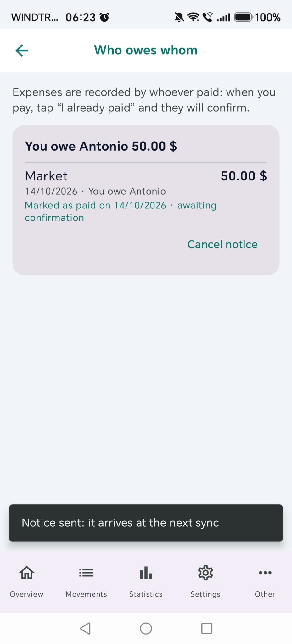 On the side of who owes: after "I already paid" the row becomes "Marked as paid on … · awaiting confirmation"
