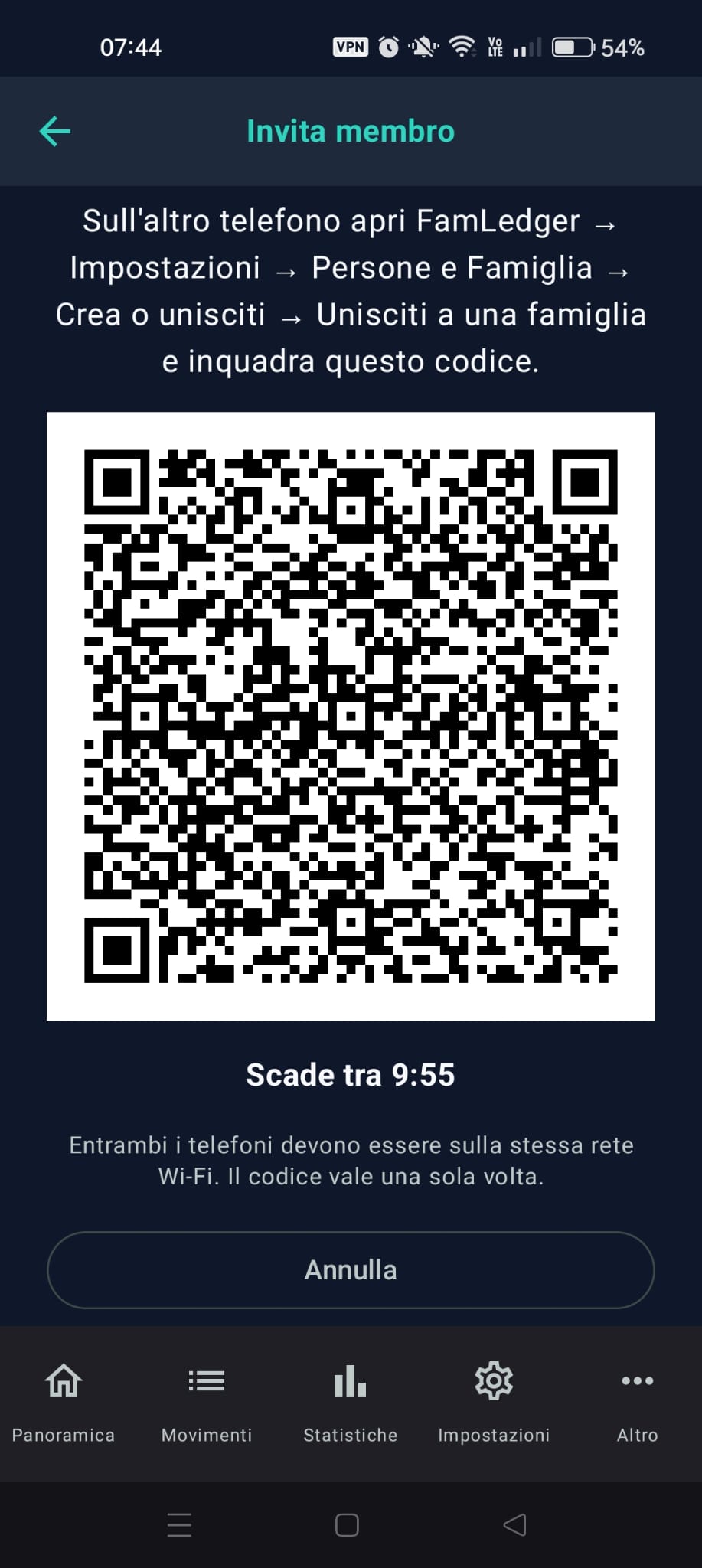 «Invita membro» con il QR e «Scade tra …»