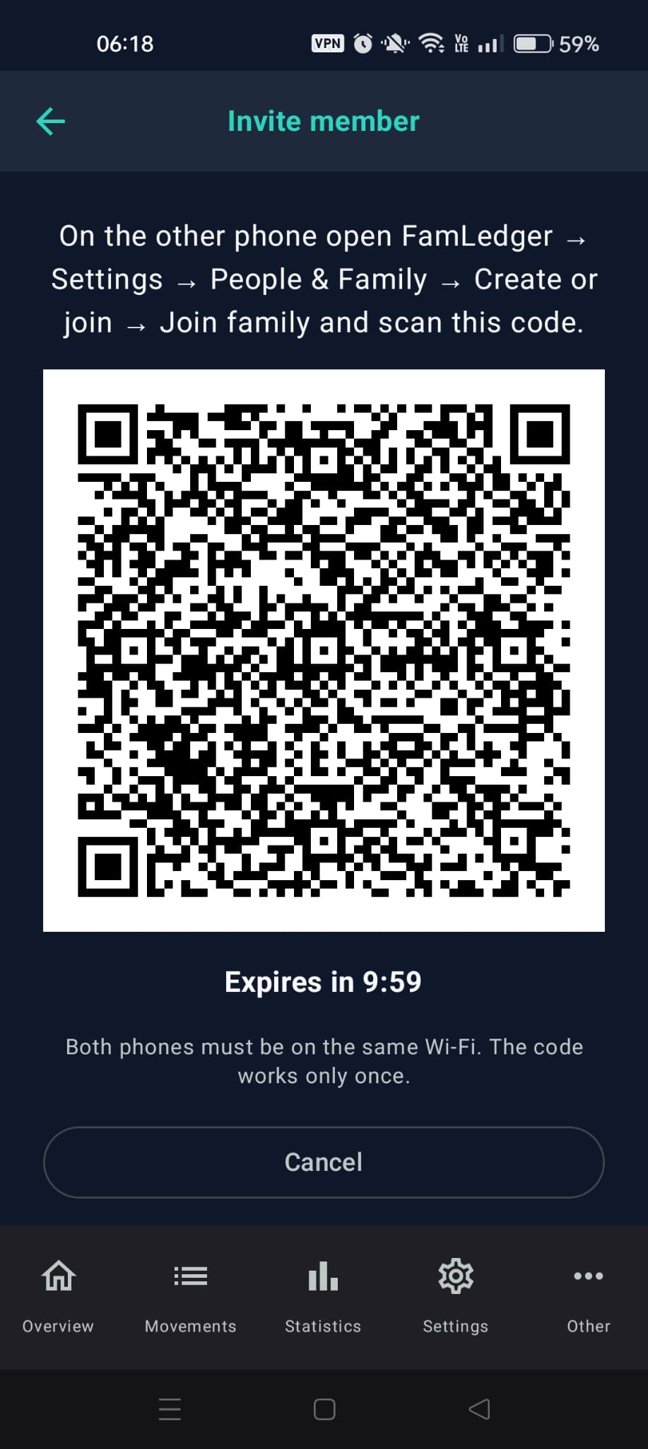 "Invite member" with the QR code and "Expires in …"