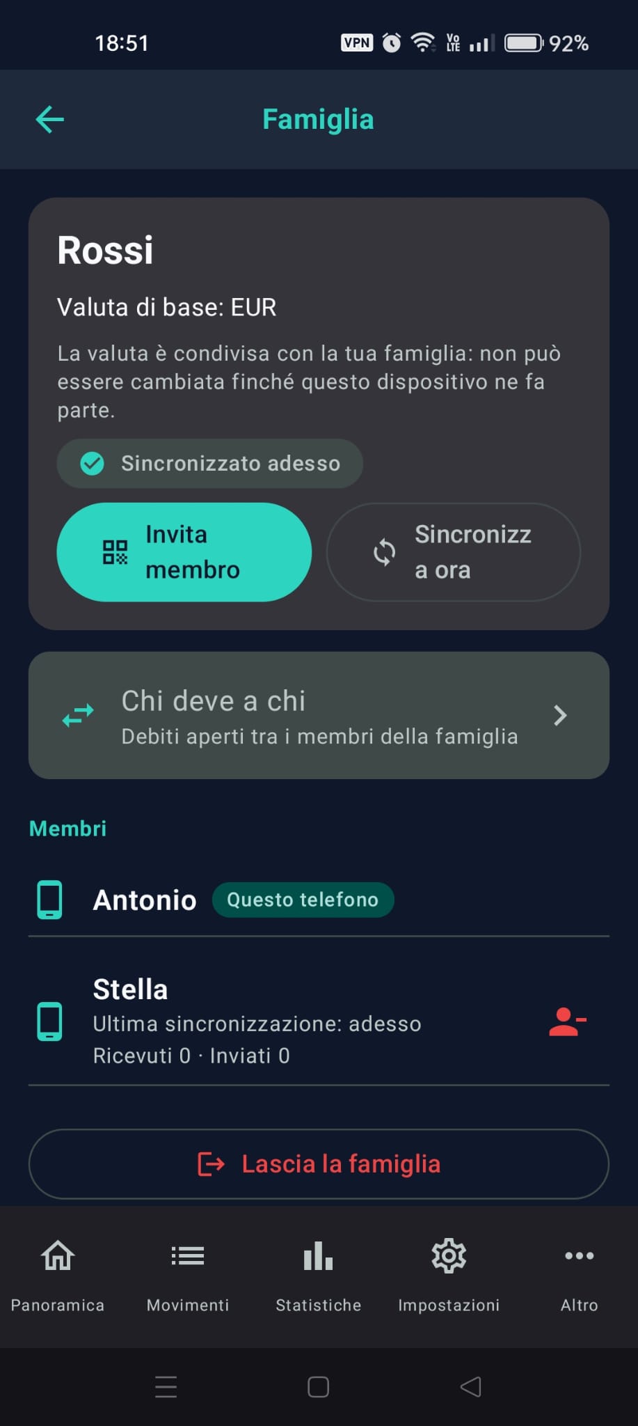La schermata Famiglia con i due membri, «Questo telefono» e «Ultima sincronizzazione»