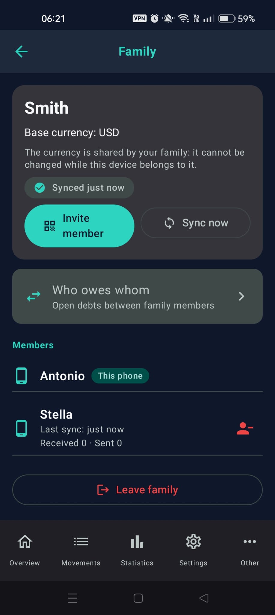 The Family screen with the two members, "This phone" and "Last sync"