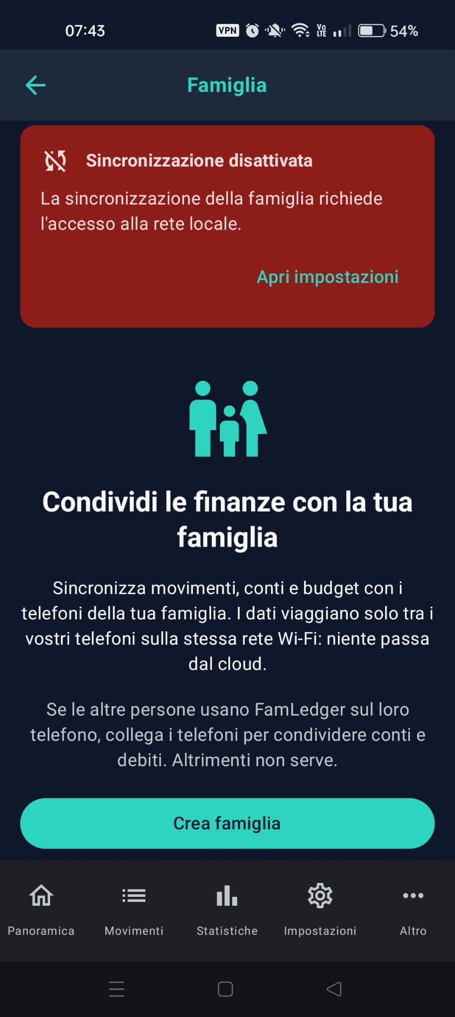 Se il permesso manca, nella schermata Famiglia compare «Sincronizzazione disattivata» con «Apri impostazioni»