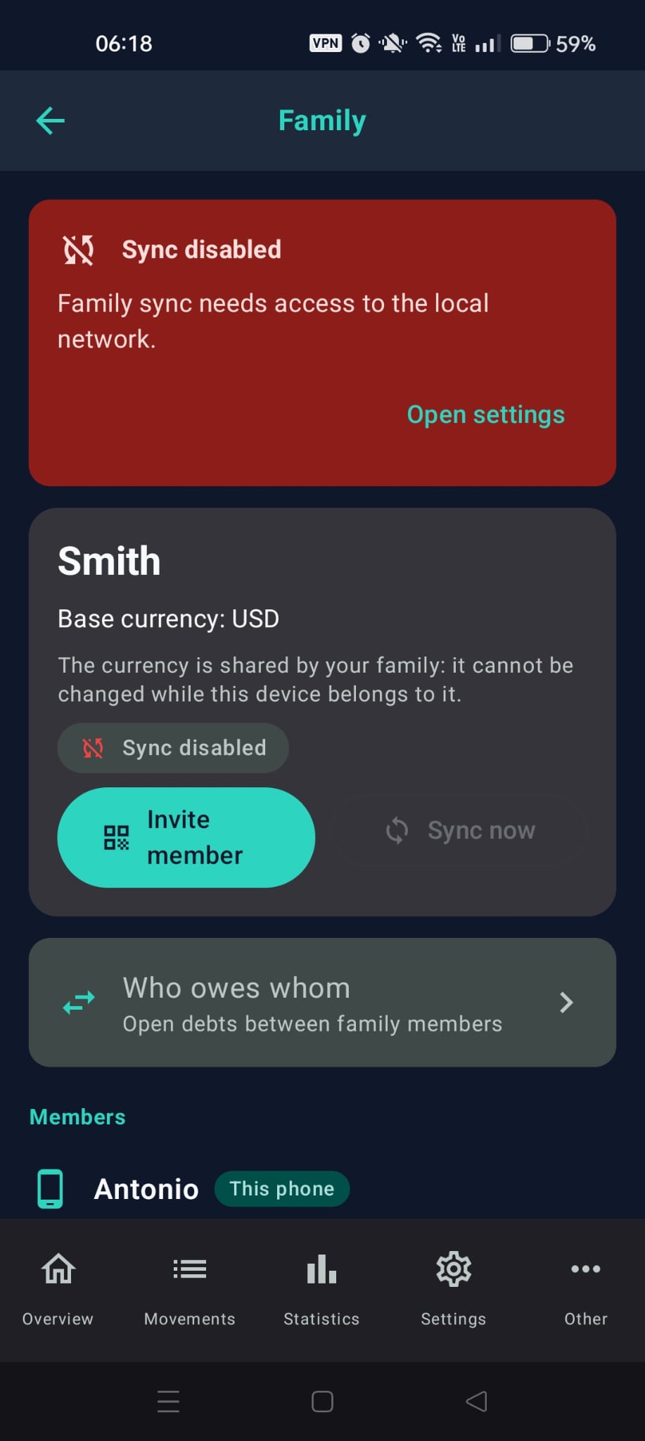 If the permission is missing, the Family screen shows "Sync disabled" with "Open settings"