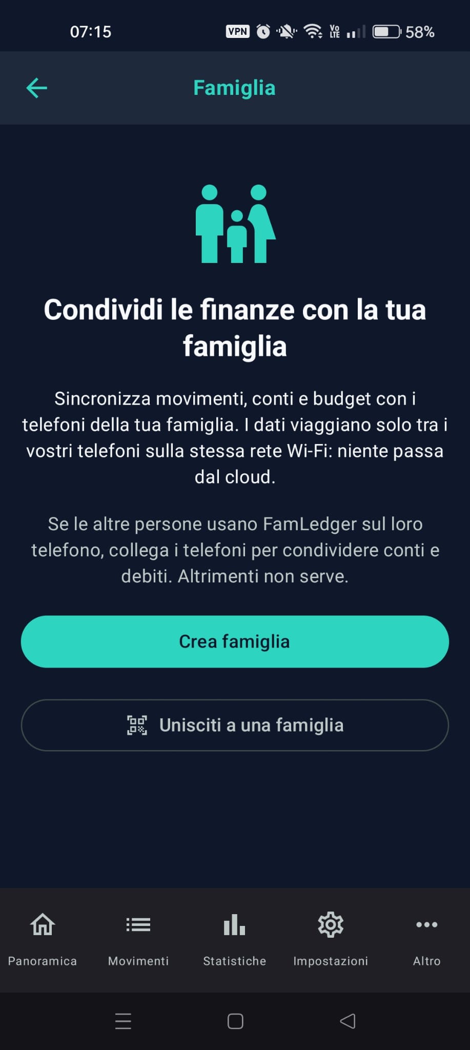 La schermata Famiglia prima di creare la famiglia, con «Crea famiglia» e «Unisciti a una famiglia»