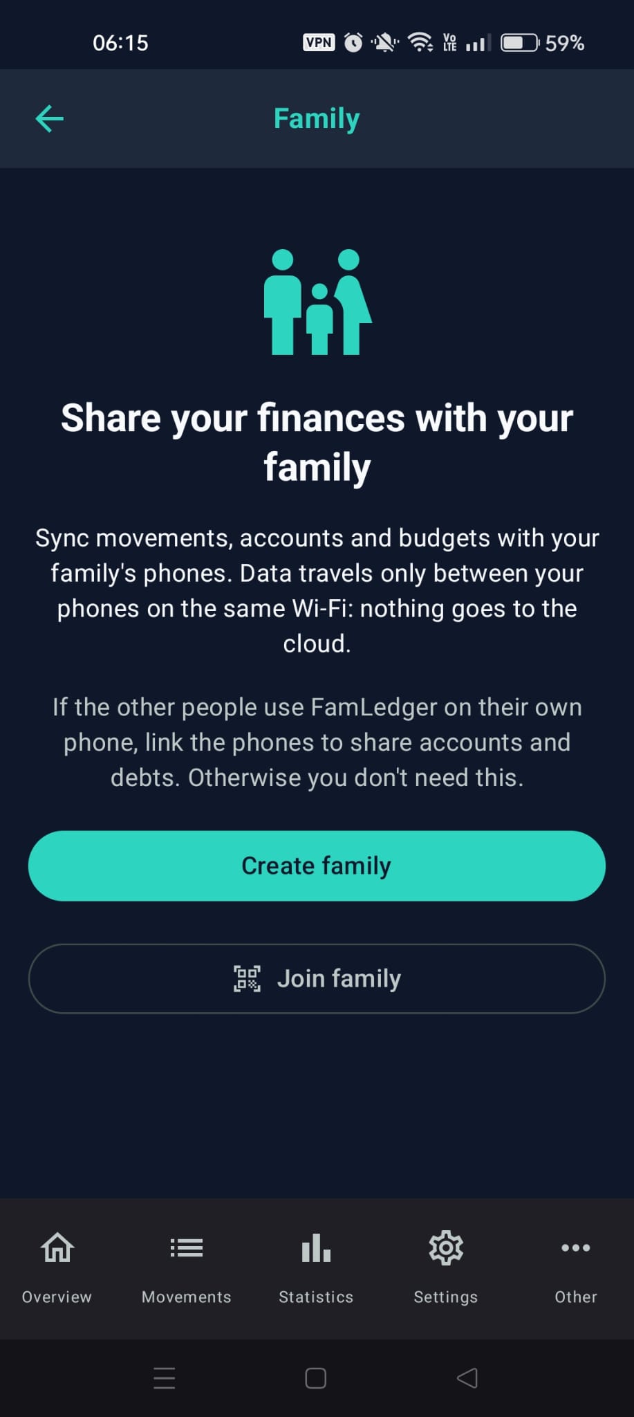 The Family screen before creating a family, with "Create family" and "Join family"