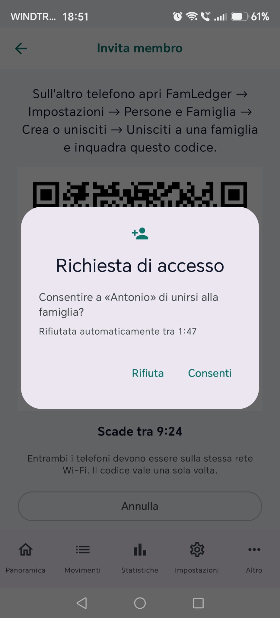 «Richiesta di accesso» con «Consenti» e «Rifiuta»