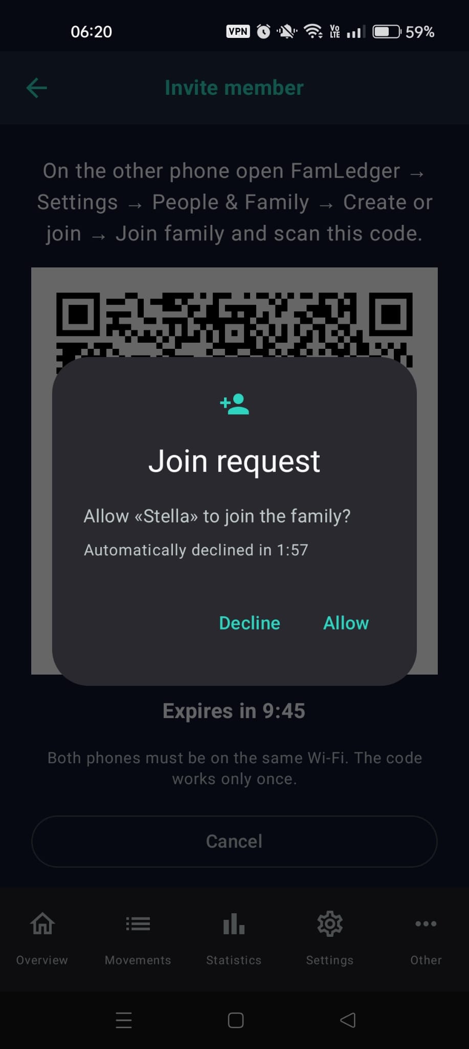 "Join request" with "Allow" and "Decline"