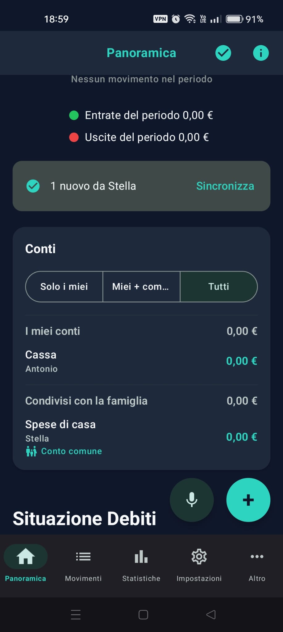 Panoramica con la riga di sincronizzazione e il selettore «Solo i miei / Miei + comuni / Tutti»