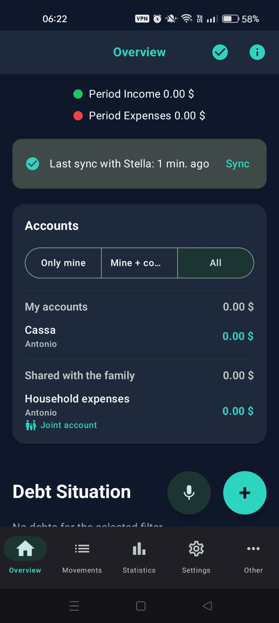 Overview with the sync row and the "Only mine / Mine + joint / All" selector