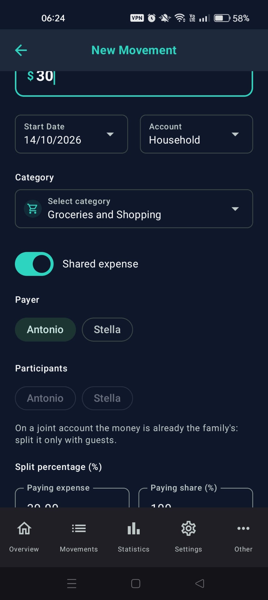 A transaction on the joint account with "Shared expense" on, "Payer" and the note "split it only with guests"