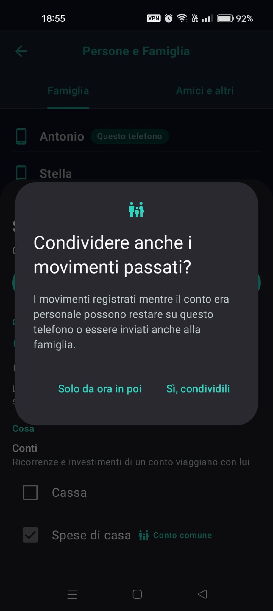 La finestra «Condividere anche i movimenti passati?»