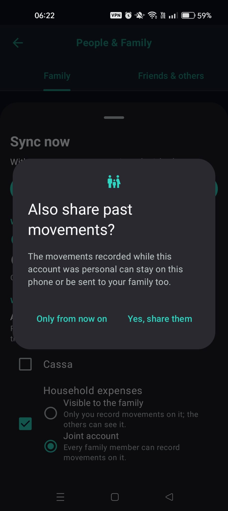 The "Also share past transactions?" dialog