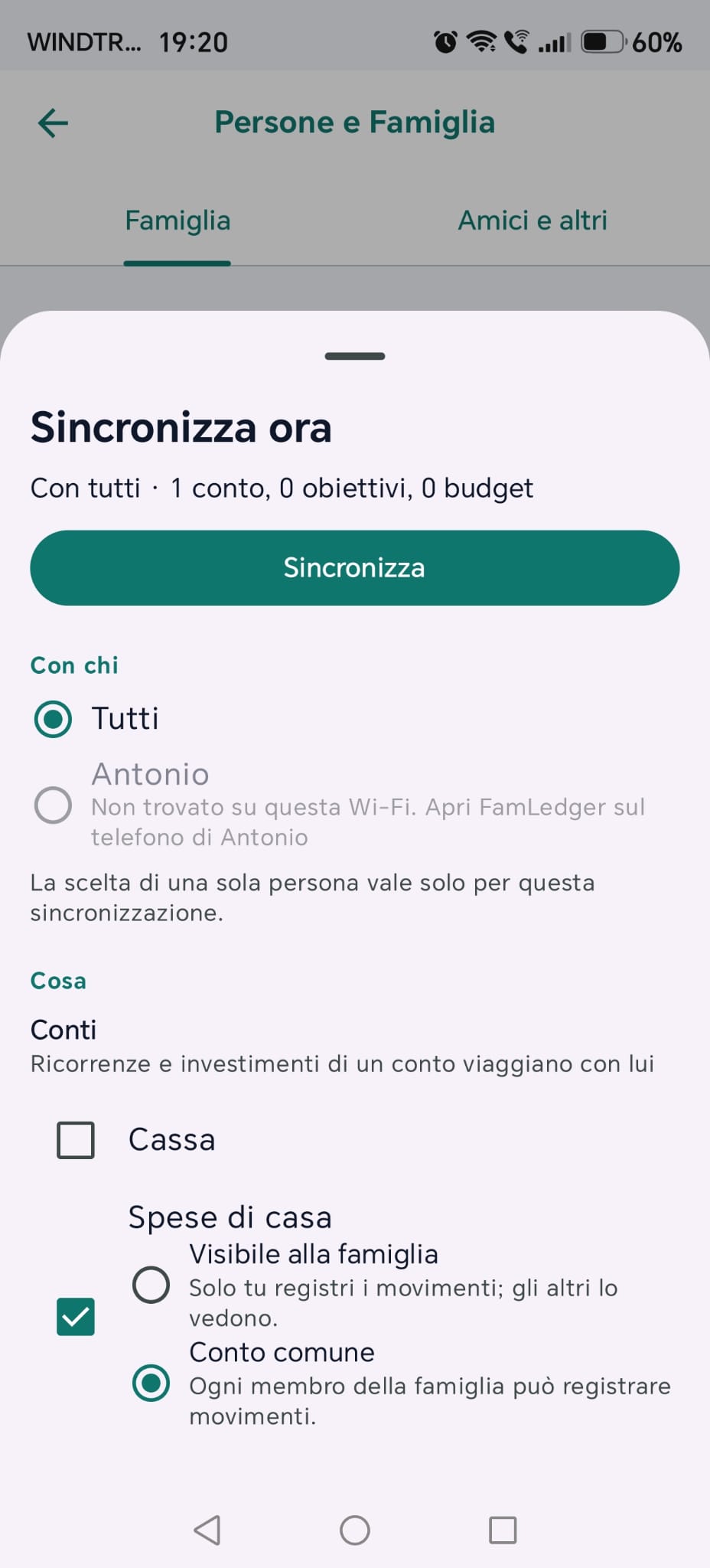 Il pannello «Sincronizza ora» con «Con chi» e «Cosa»