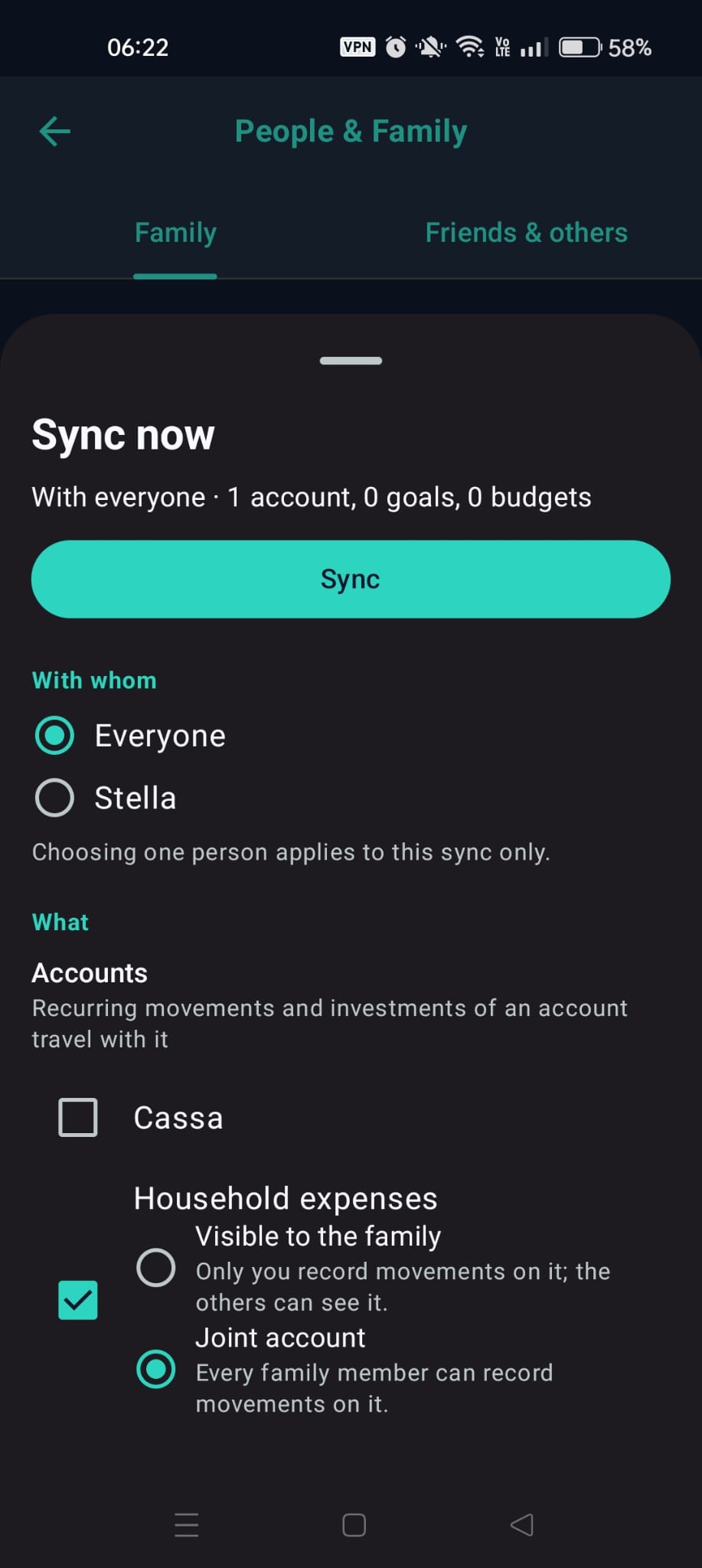 The "Sync now" panel with "With whom" and "What"