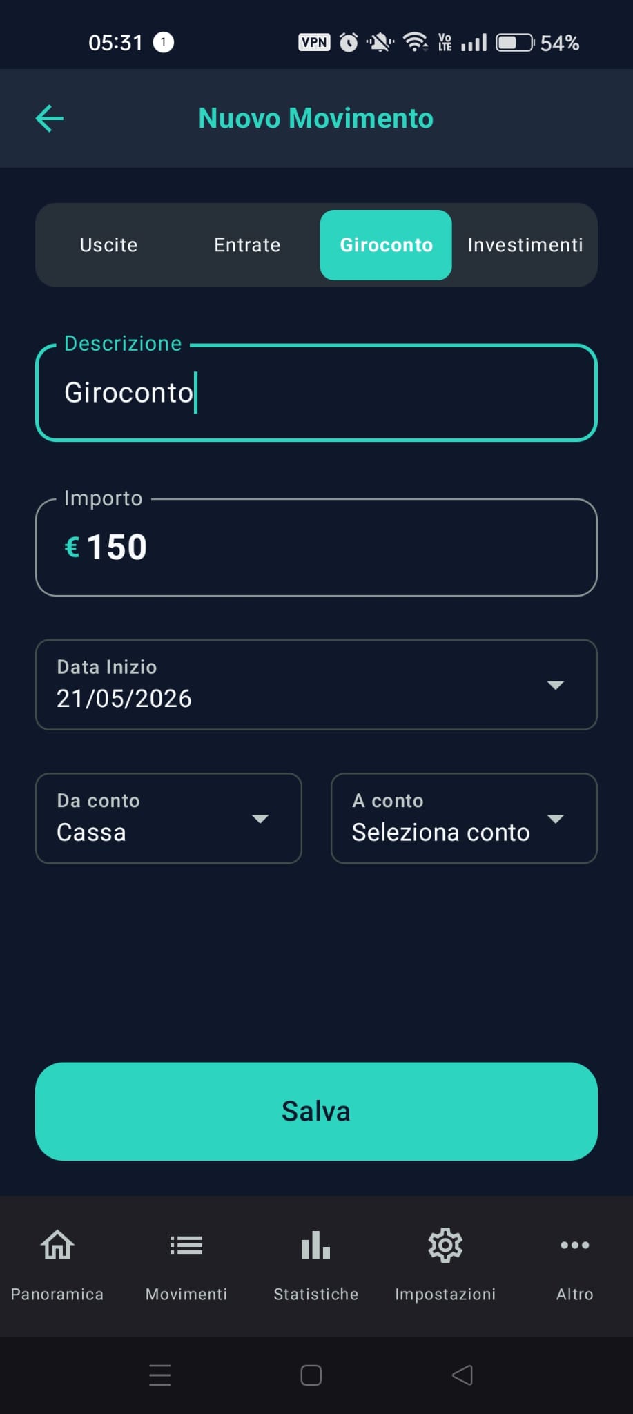Schermata di aggiungi giroconto