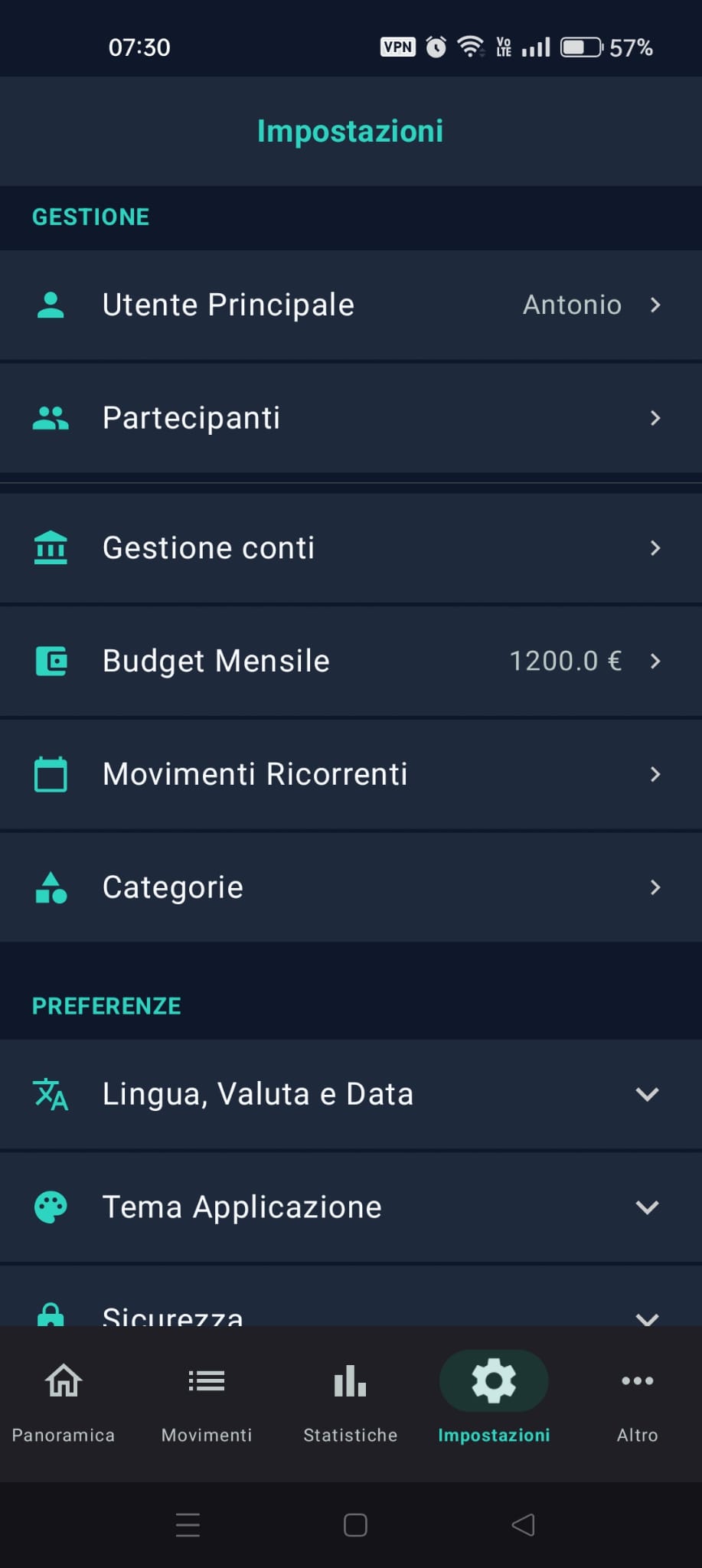 Schermata impostazioni