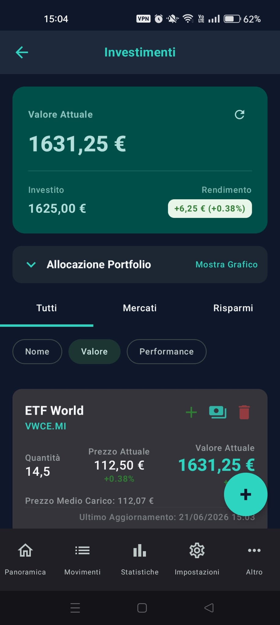 Schermata investimenti