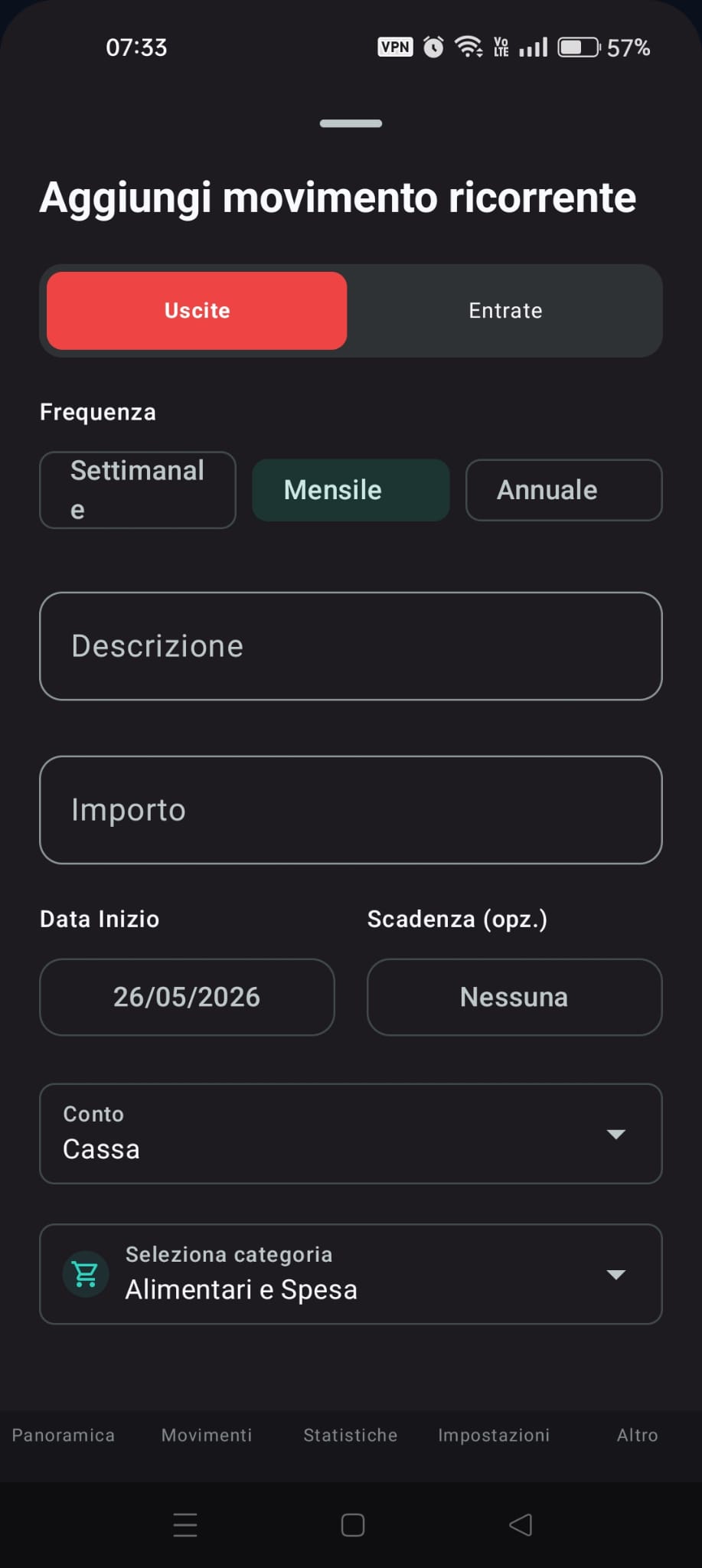 Schermata movimenti ricorrenti