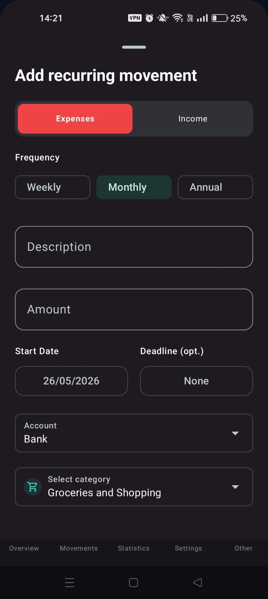 Recurring Movements Screen