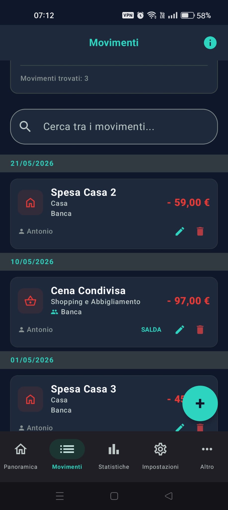 Schermata salda movimento singolo