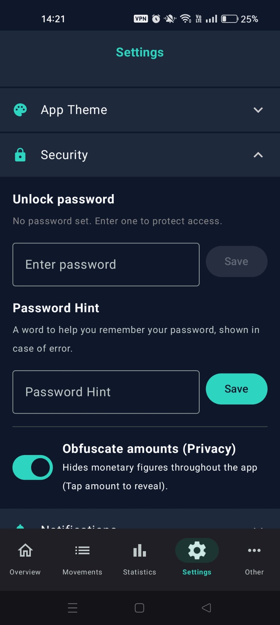 Security Settings Screen