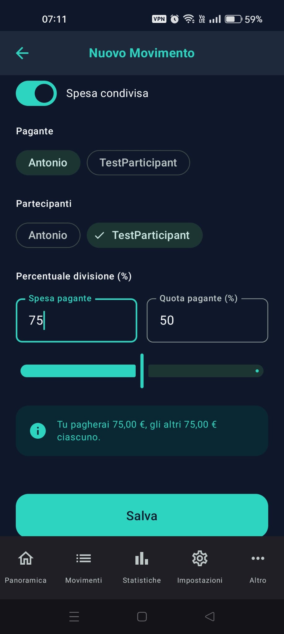 Schermata spesa condivisa
