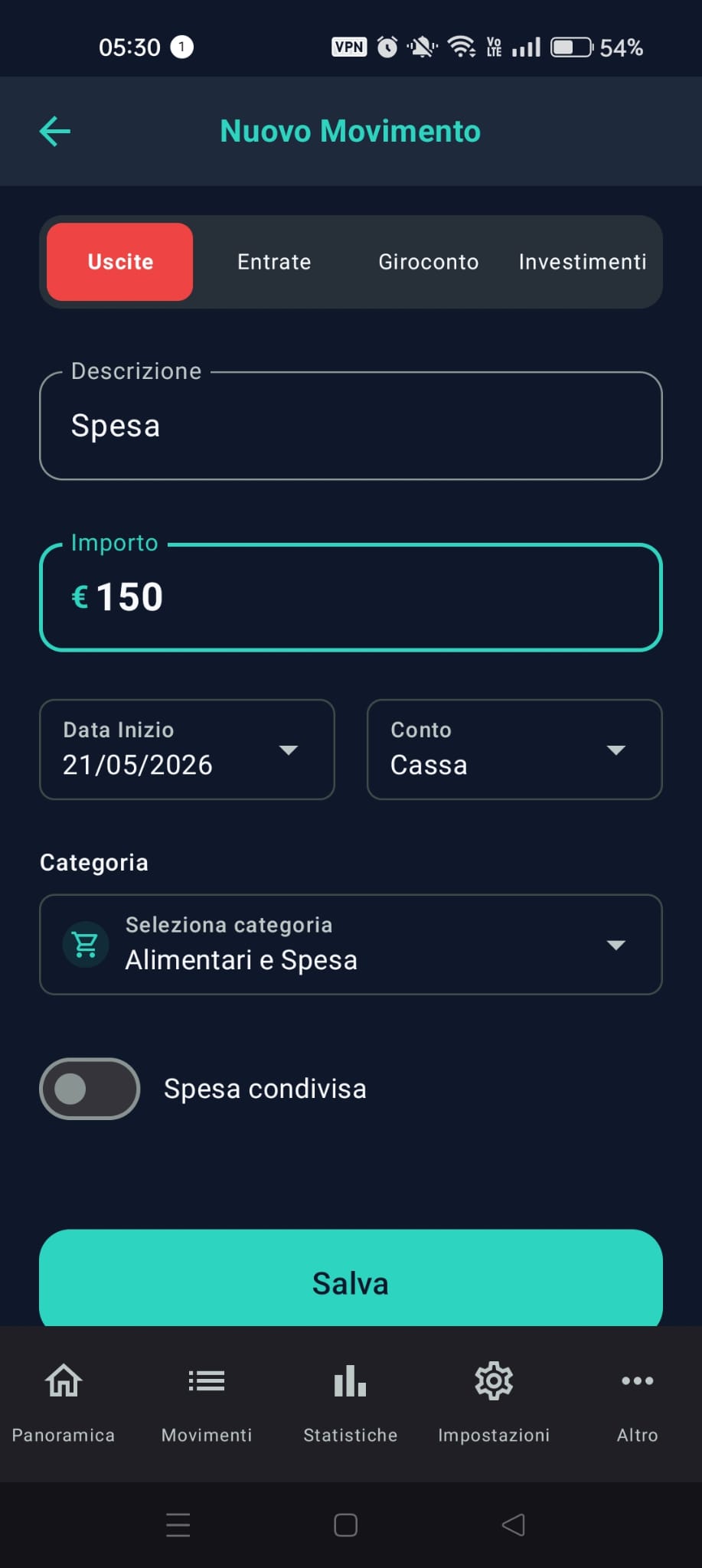 Schermata di aggiungi movimento