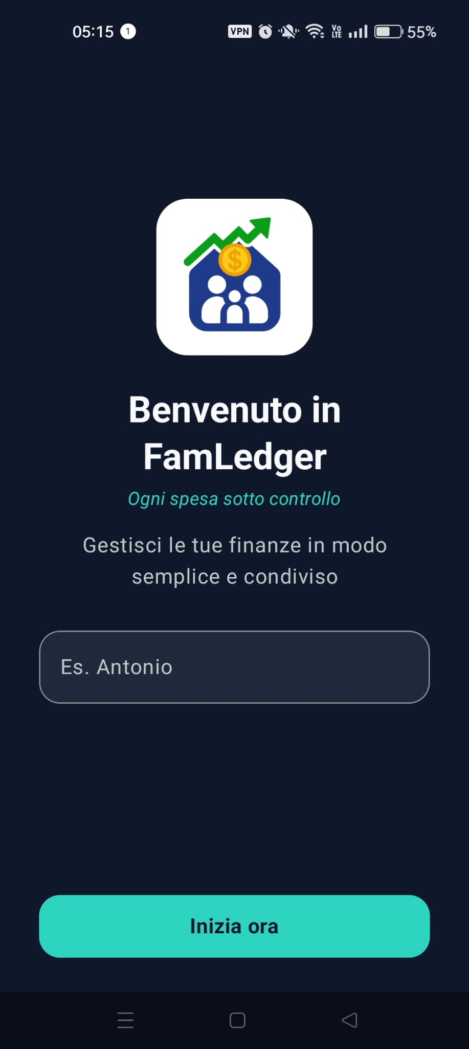 Schermata di Benvenuto